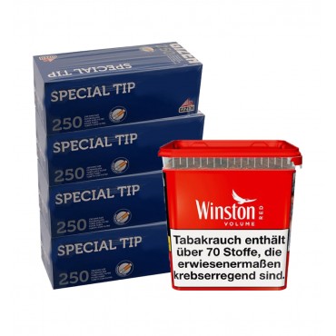 Winston Volumentabak Red Titan Box 270 Gramm & 1.000 Special Tip Hülsen Blau
