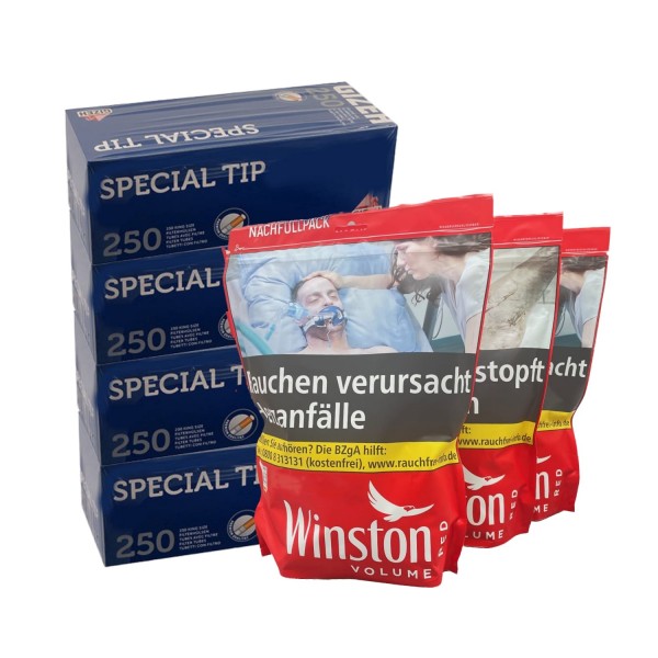 3 x Beutel Winston Red à 205 Gramm & 1.000 Special Tip Hülsen Blau