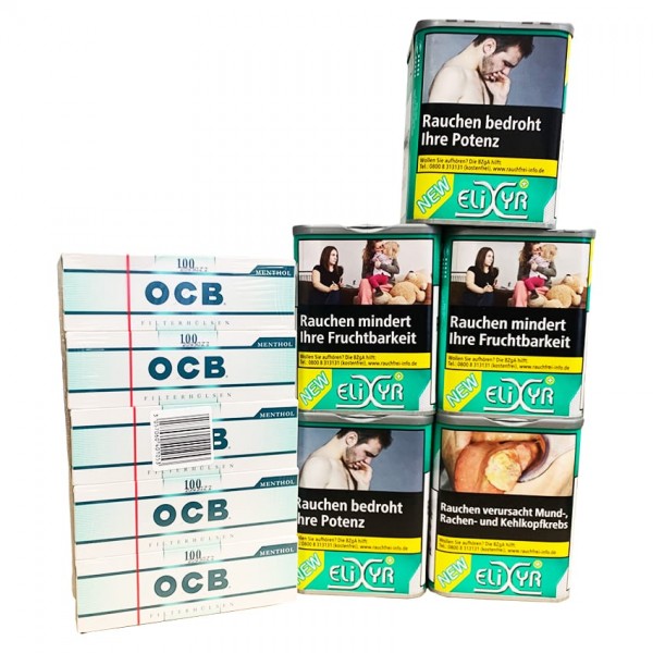 5 x Dosen ELIXYR+ à 102 Gramm Green Tabak & 500 OCB Menthol Zigarettenhülsen