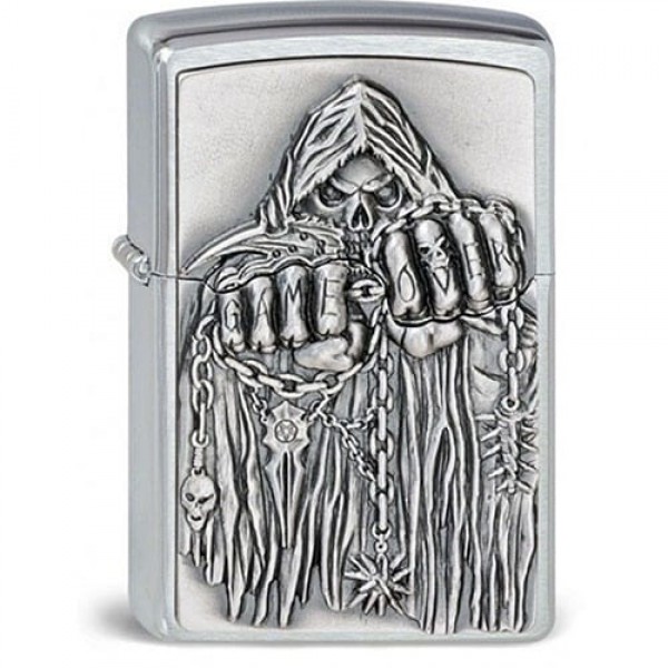 Feuerzeug Zippo Game Over aus Chrom gebürstet in silber seidenmatt mit Emblem
