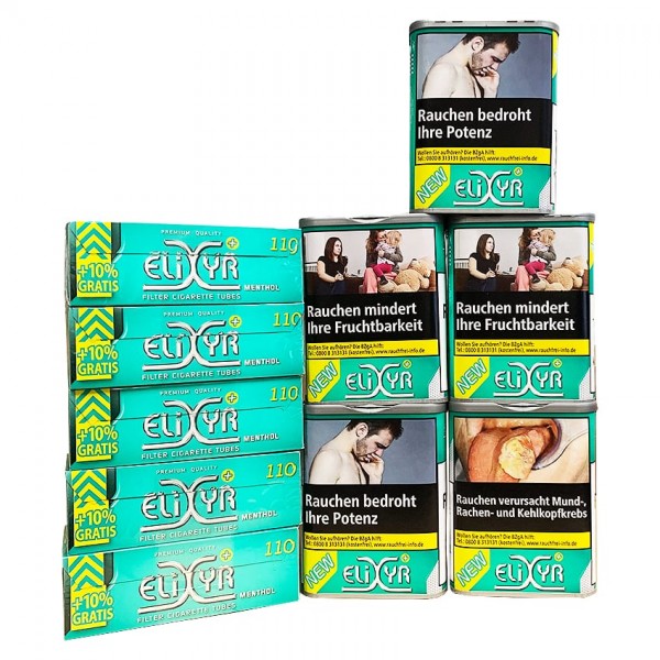 5 x Dosen ELIXYR+ Green à 102 Gramm Tabak & 550 ELIXYR+ Menthol Zigarettenhülsen