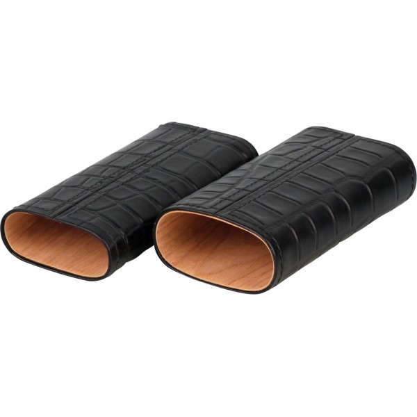 Zigarren Schiebe-Etui Leder schwarz Krokoprägung 3er