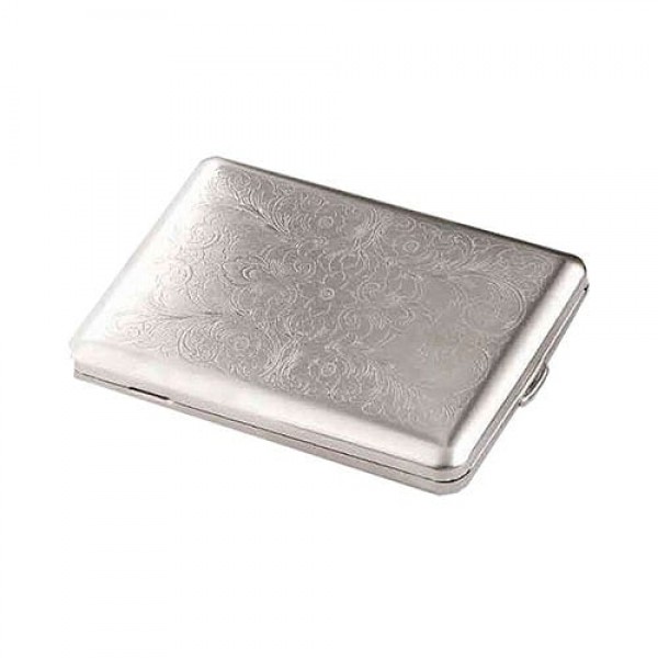 Zigarettenetui 18er 100 mm mit Innengummizug aus Metall vernickelt in silber glänzend mit Dekor