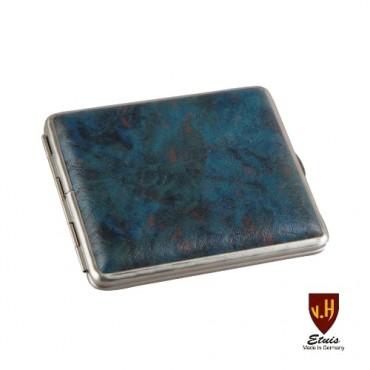 Zigarettenetui 18er mit Innengummizug aus Metall Kunstlederummantelung in blau silber