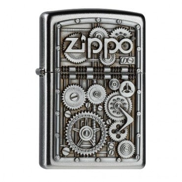 Feuerzeug Zippo Gear Wheels aus Chrom satiniert in silber seidenmatt mit Emblem