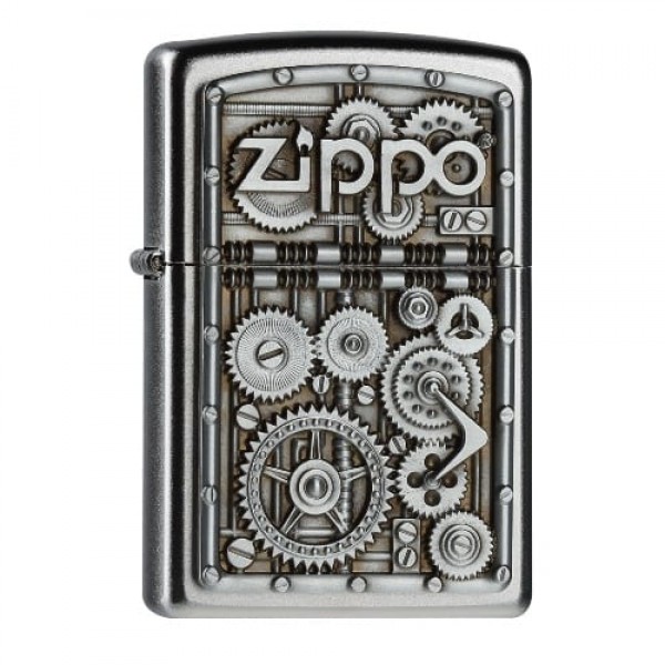 Feuerzeug Zippo Gear Wheels aus Chrom satiniert in silber seidenmatt mit Emblem